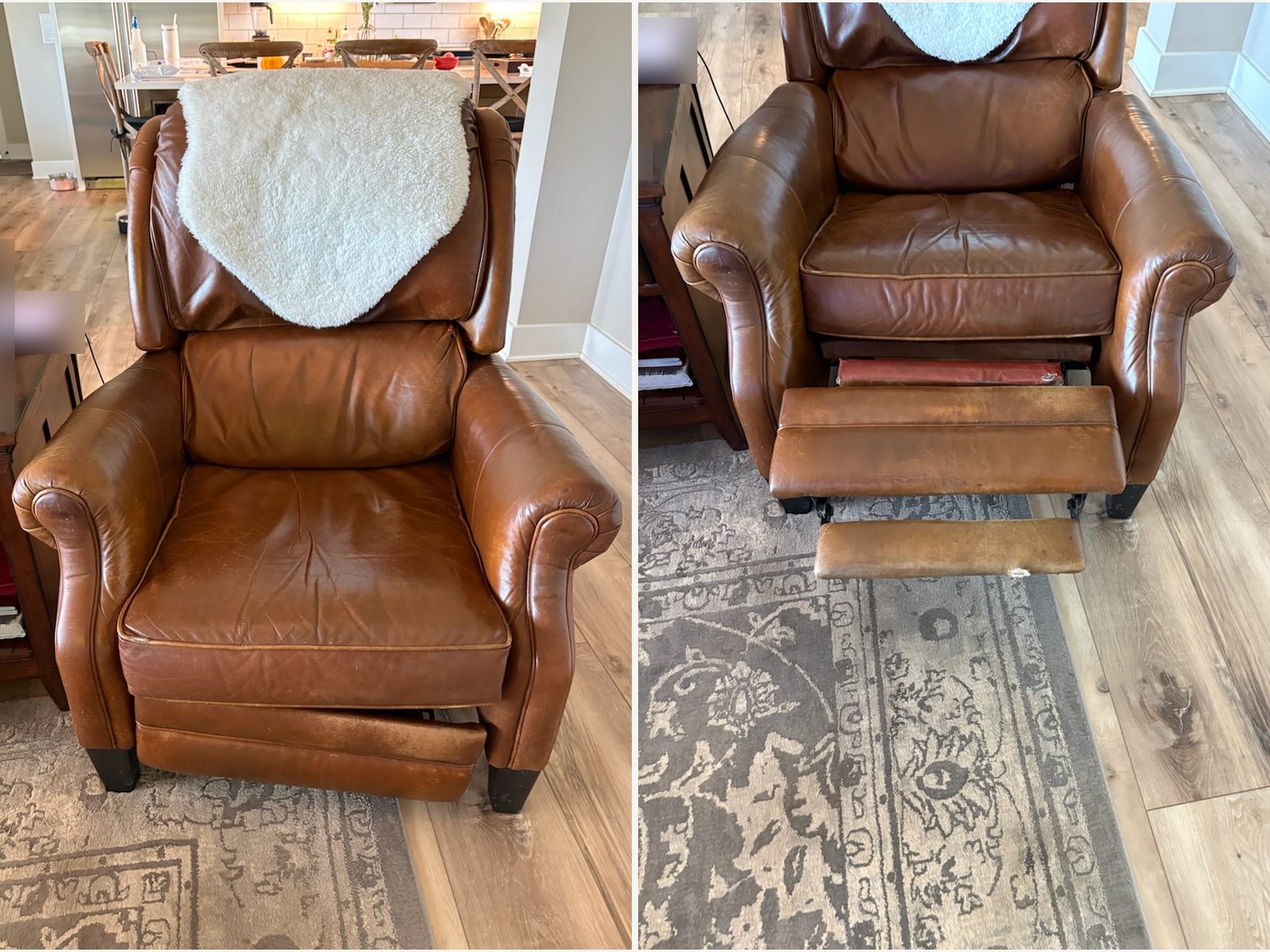 Leather recliner before the repair, closed on the left and with the footrest out on the right