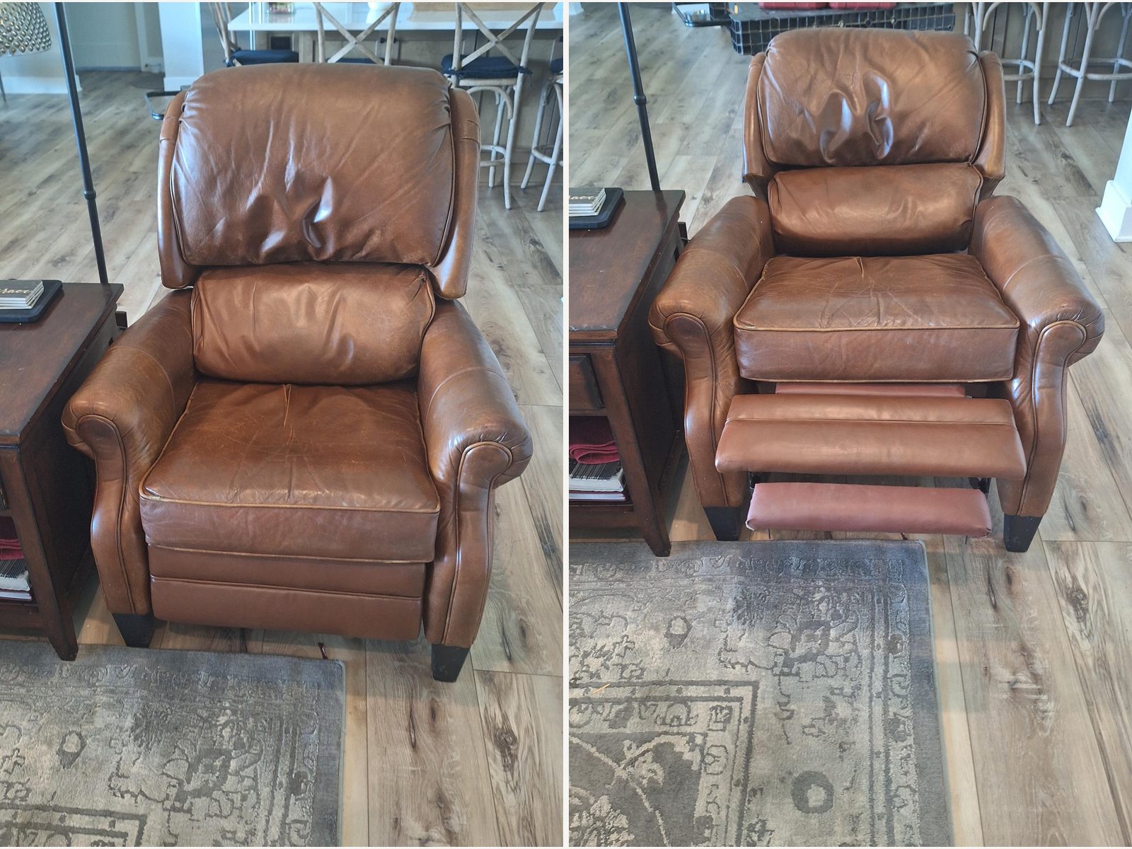Repaired leather recliner, closed on the left and with the footrest out on the right
